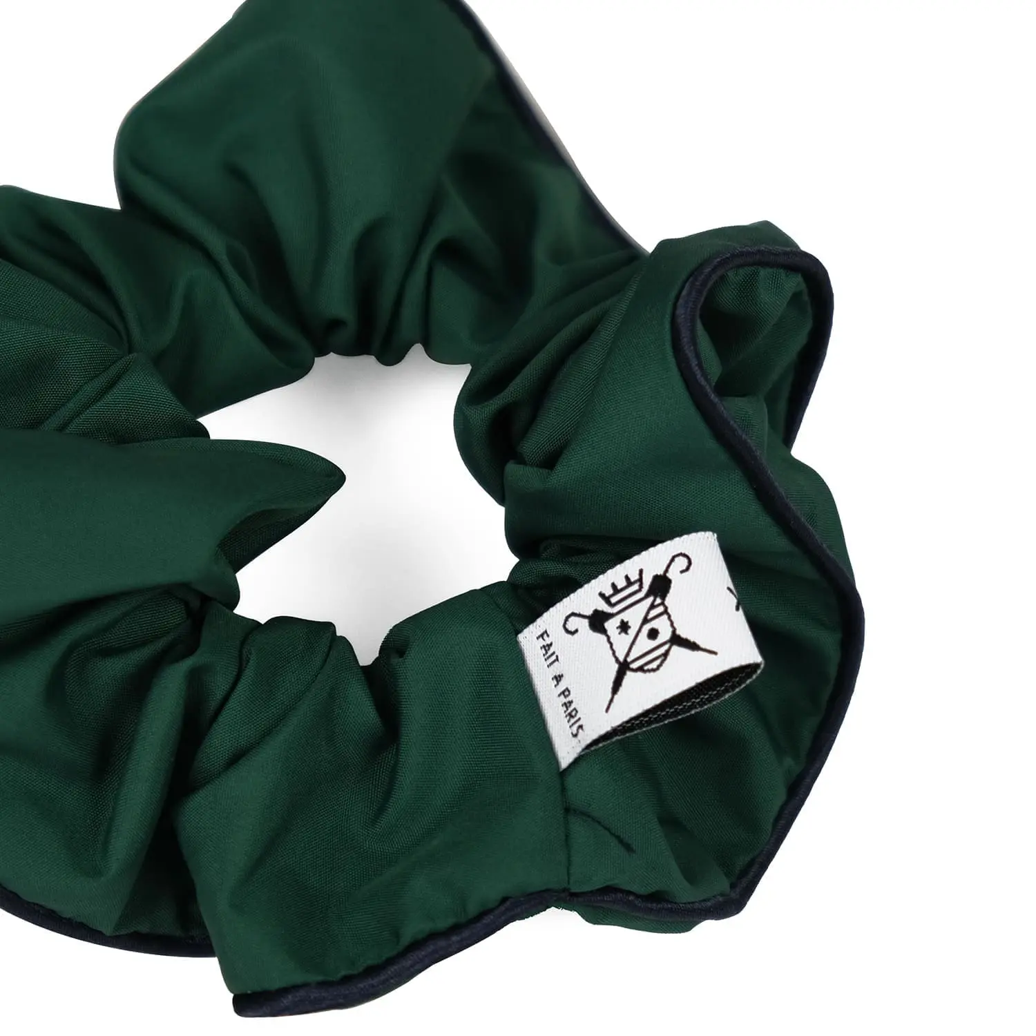 Upcycled green scrunchie Le Parapluie de Cherbourg in collaboration with Atelier Boivin Paris