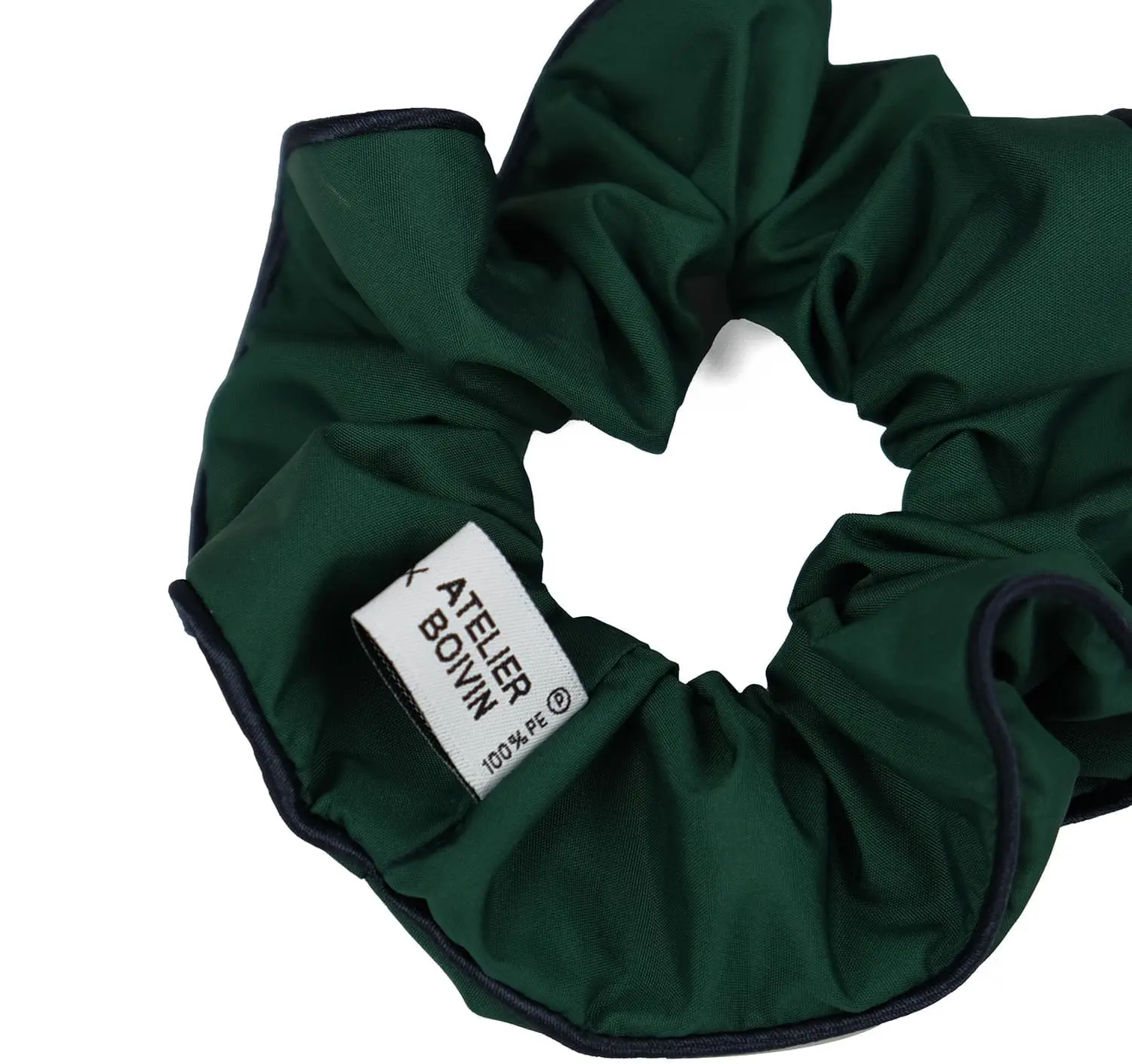 Upcycled green scrunchie Le Parapluie de Cherbourg in collaboration with Atelier Boivin Paris